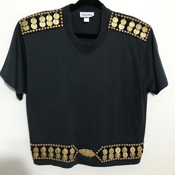 Vintage Tops - Gepetto Vintage Black & Gold Coined & Studded Top
